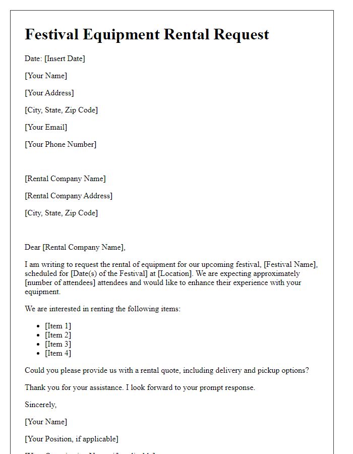 Letter template of festival equipment rental request