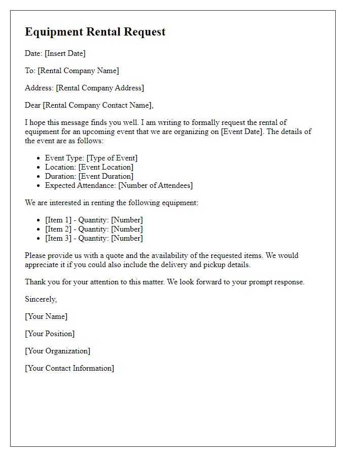 Letter template of formal event equipment rental request