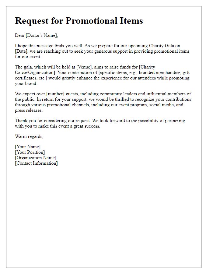 Letter template of promotional items request for charity gala.