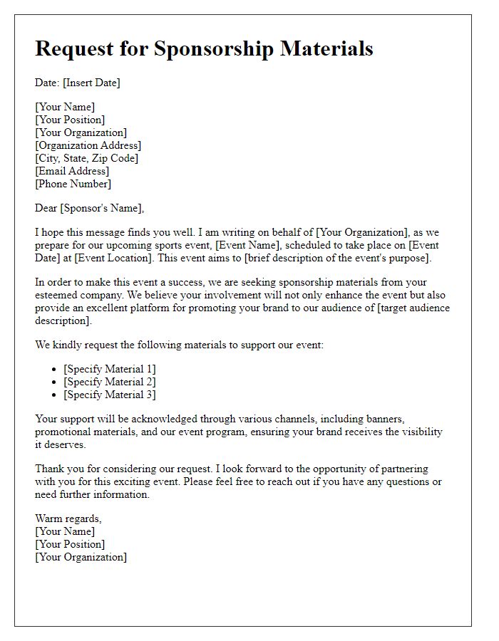 Letter template of sponsorship materials request for sports event.