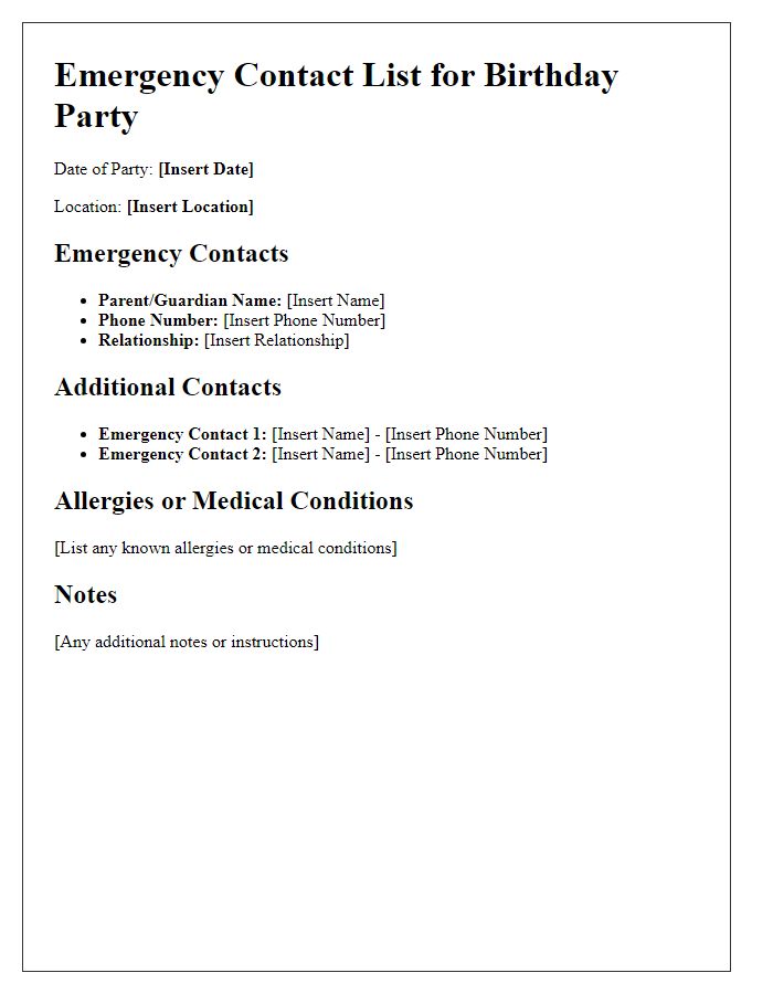 Letter template of emergency contact list for birthday parties