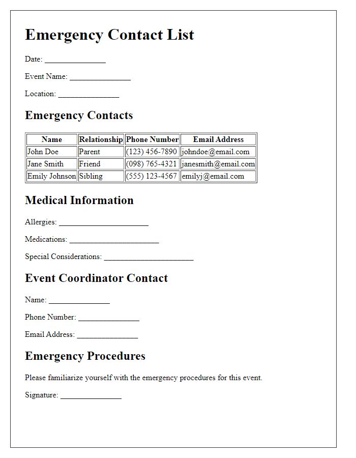 Letter template of emergency contact list for charity events