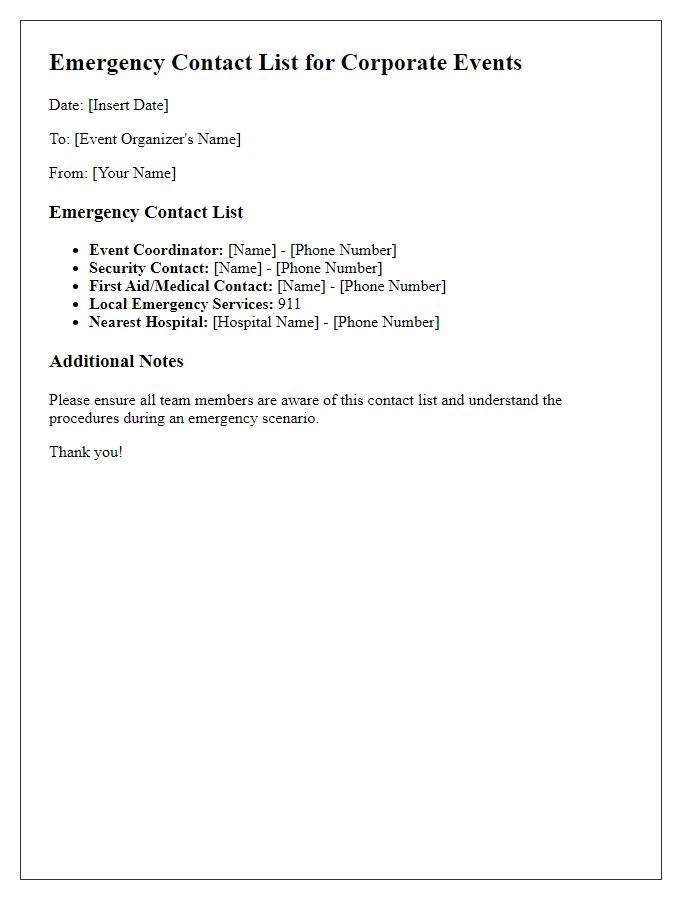 Letter template of emergency contact list for corporate events