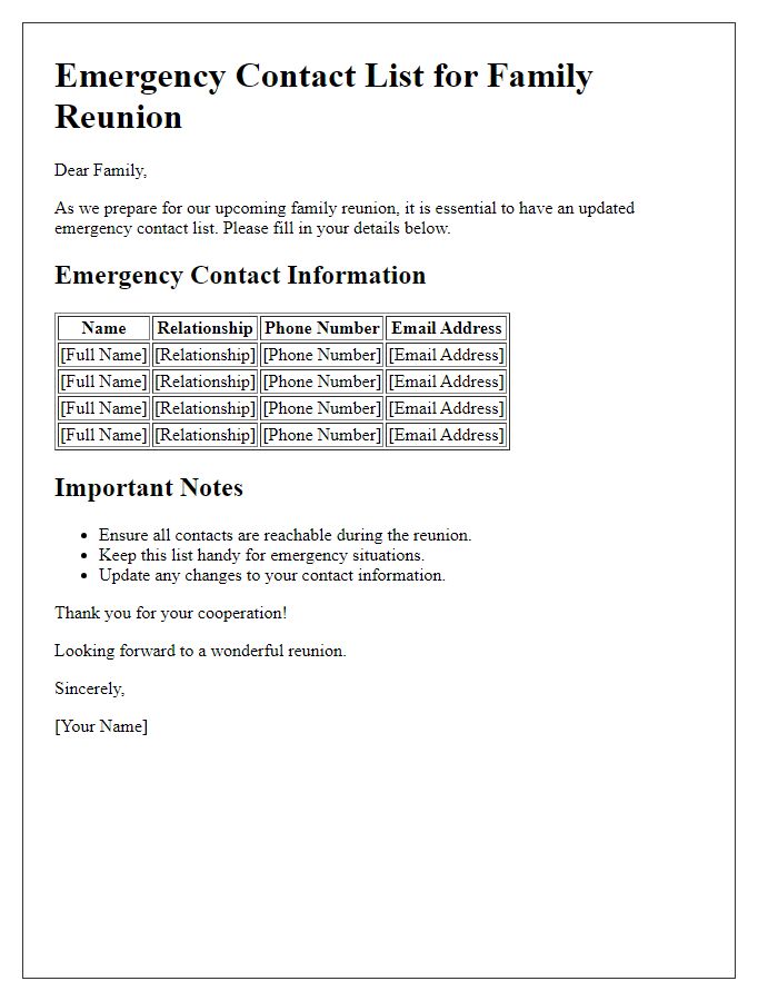 Letter template of emergency contact list for family reunions