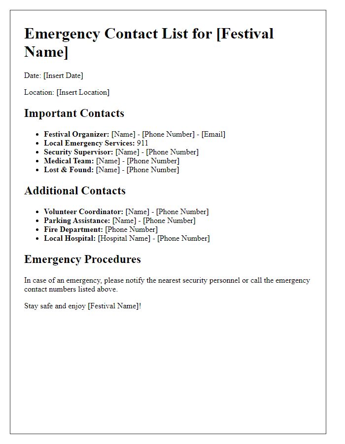 Letter template of emergency contact list for public festivals