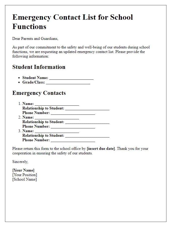 Letter template of emergency contact list for school functions