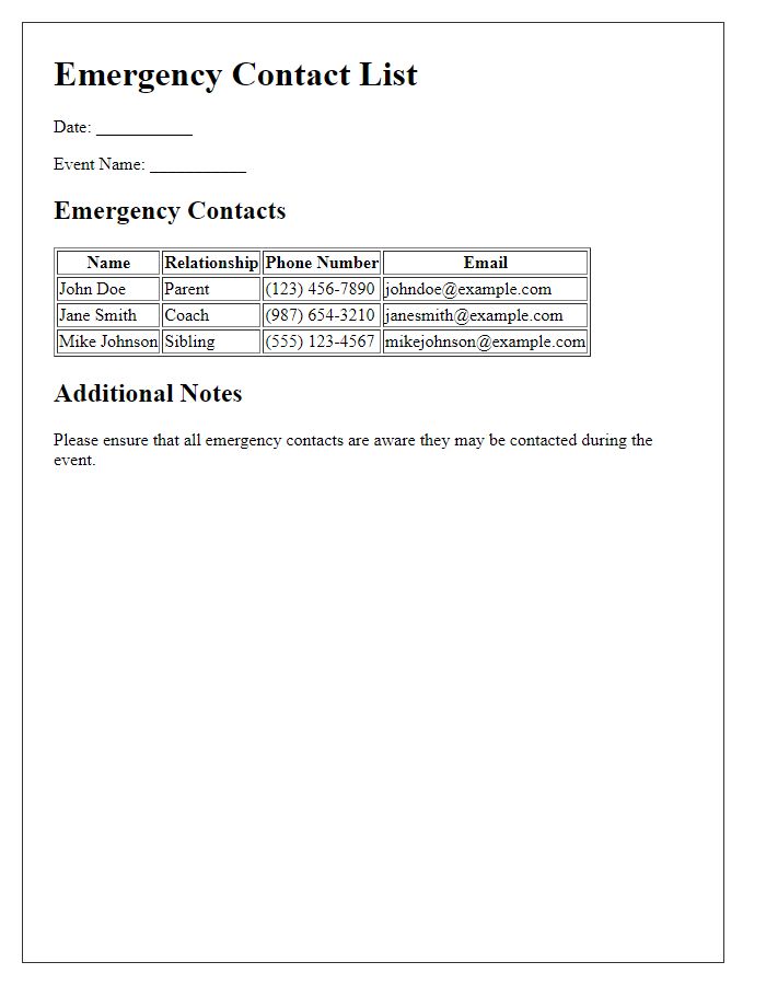 Letter template of emergency contact list for sporting events