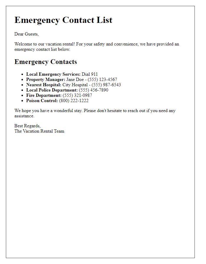 Letter template of emergency contact list for vacation rentals