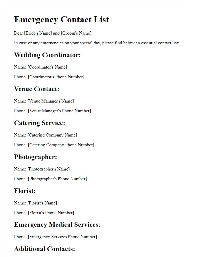 Letter template of emergency contact list for weddings