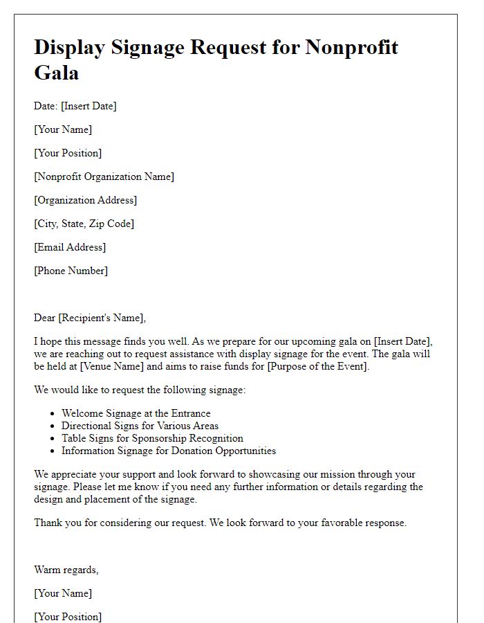 Letter template of display signage requests for a nonprofit gala.