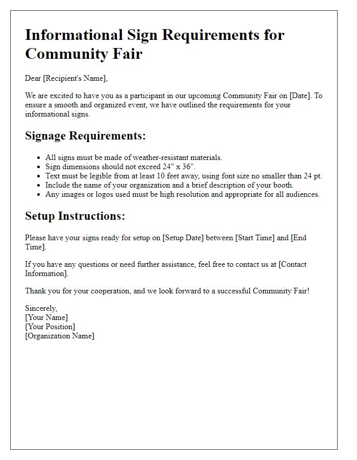 Letter template of informational sign requirements for a community fair.