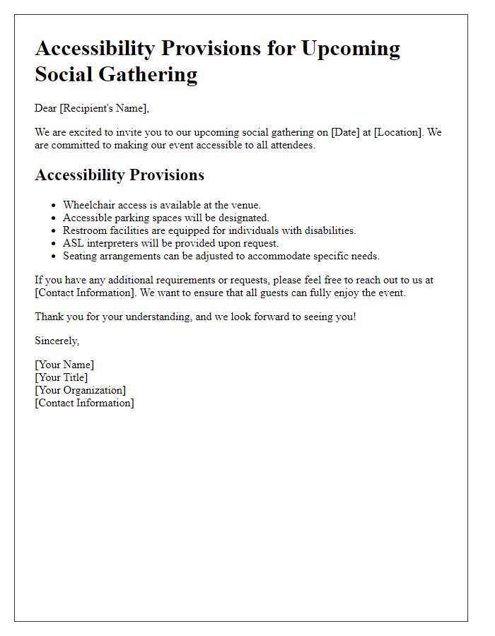 Letter template of accessibility provisions for social gatherings