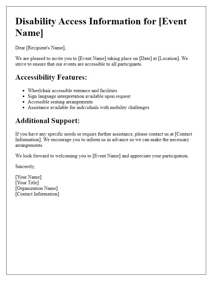 Letter template of disability access information for events