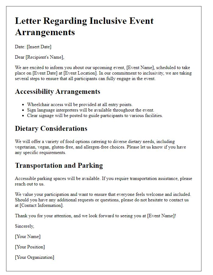 Letter template of inclusive event arrangements