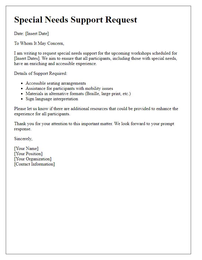 Letter template of special needs support for workshops