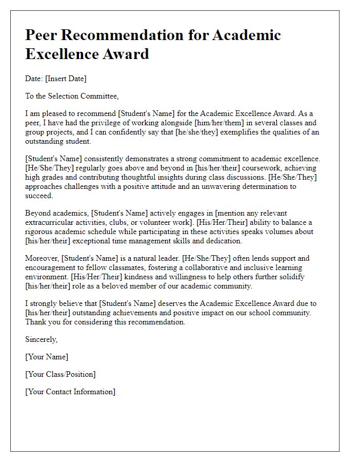 Letter template of peer recommendation for academic excellence award nomination