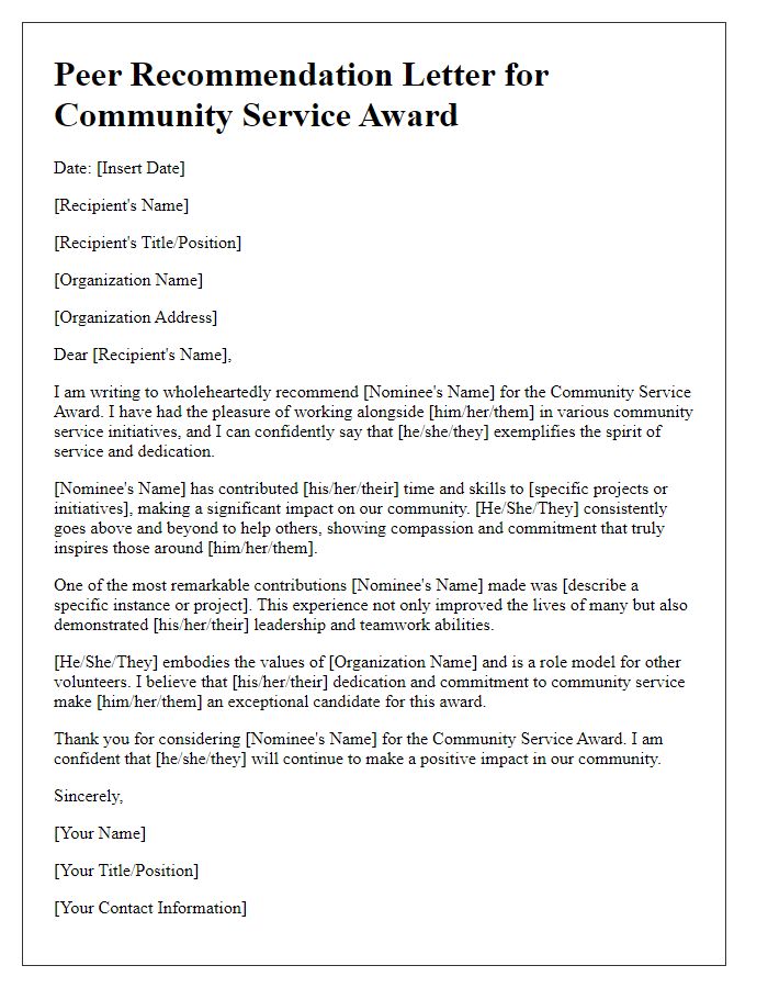 Letter template of peer recommendation for community service award nomination