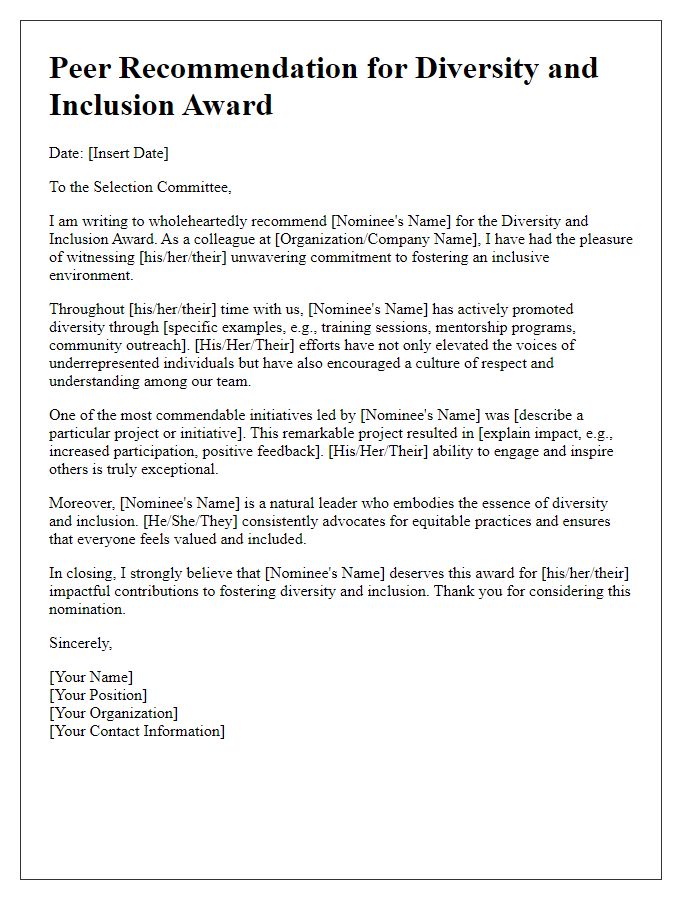 Letter template of peer recommendation for diversity and inclusion award nomination