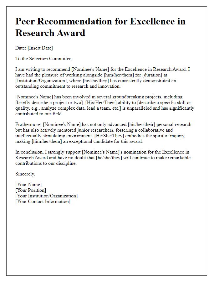 Letter template of peer recommendation for excellence in research award nomination