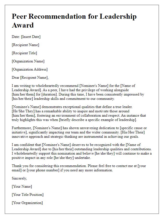 Letter template of peer recommendation for leadership award nomination