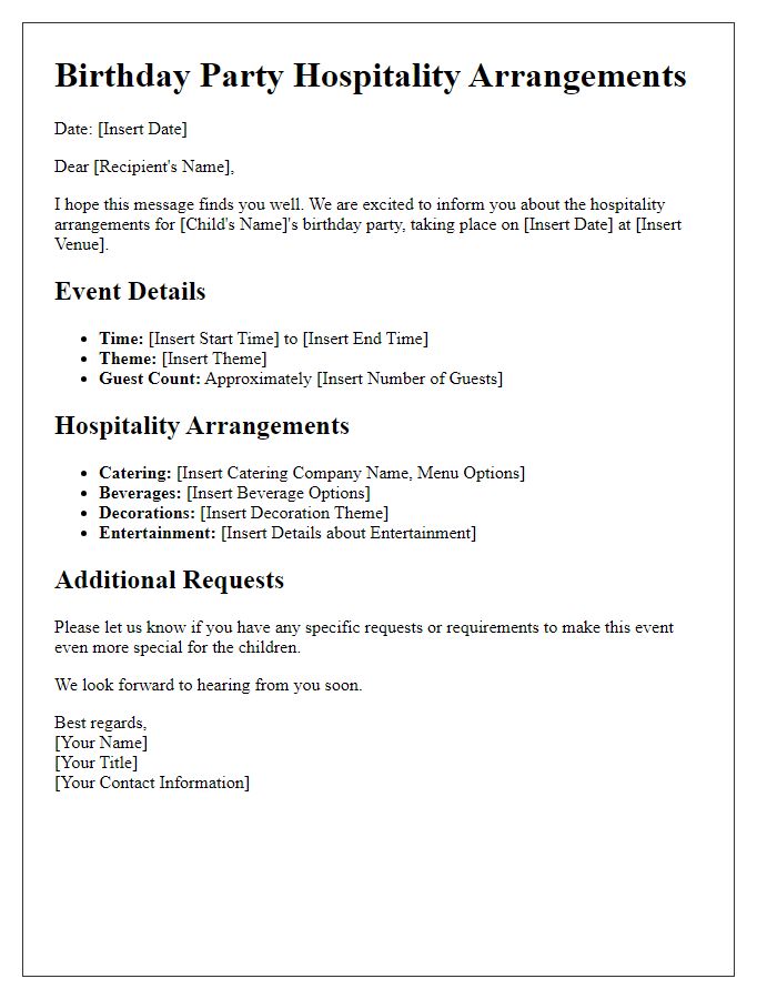 Letter template of event hospitality arrangements for birthday parties.