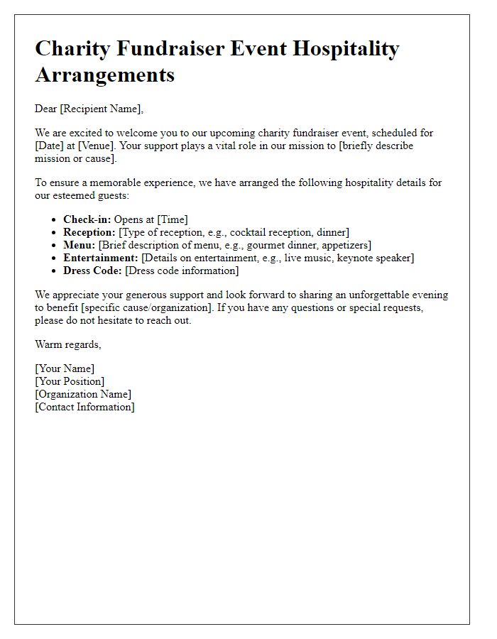 Letter template of event hospitality arrangements for charity fundraisers.