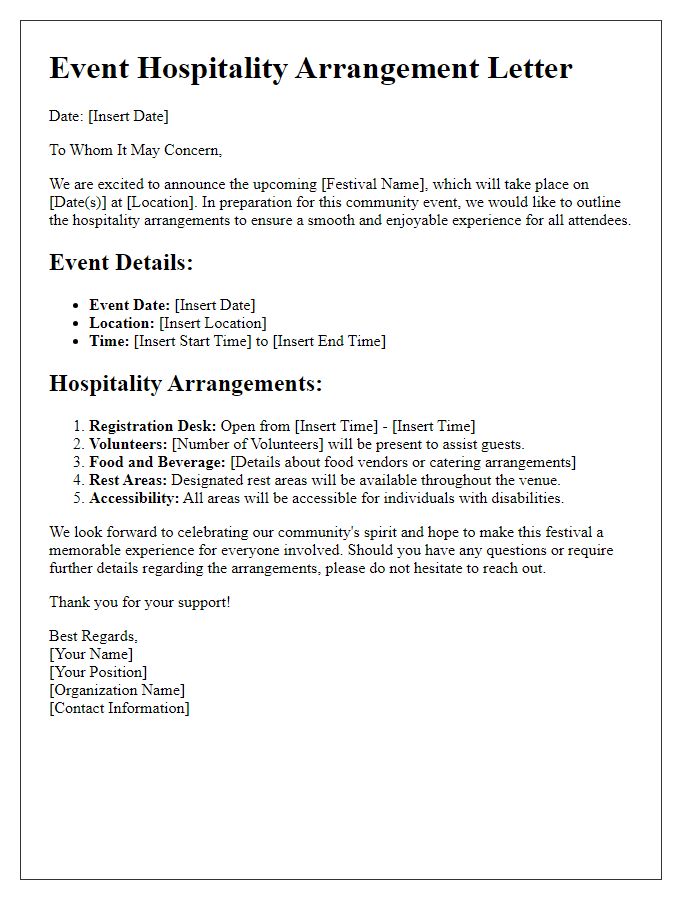 Letter template of event hospitality arrangements for community festivals.