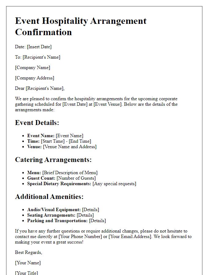 Letter template of event hospitality arrangements for corporate gatherings.