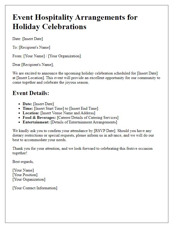 Letter template of event hospitality arrangements for holiday celebrations.