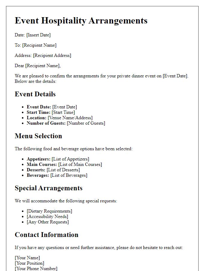 Letter template of event hospitality arrangements for private dinners.