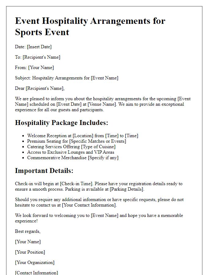 Letter template of event hospitality arrangements for sports events.