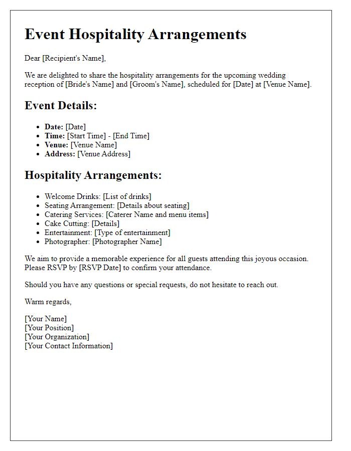 Letter template of event hospitality arrangements for weddings and receptions.