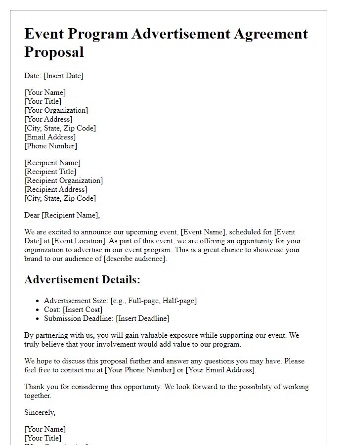 Letter template of event program advertisement agreement proposal