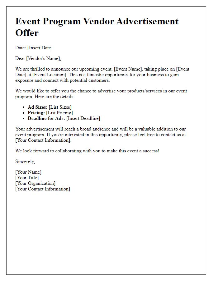 Letter template of event program vendor advertisement offer