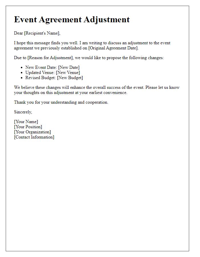 Letter template of event agreement adjustment