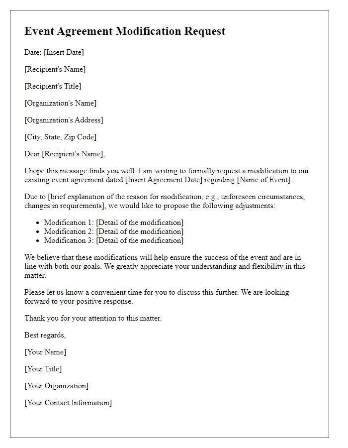 Letter template of event agreement modification request