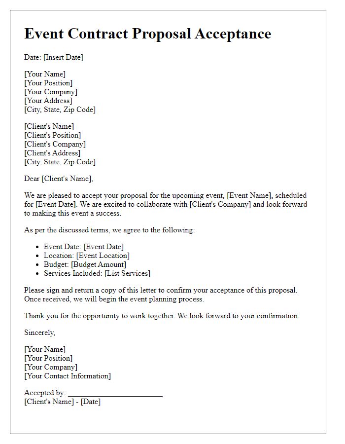 Letter template of event contract proposal acceptance