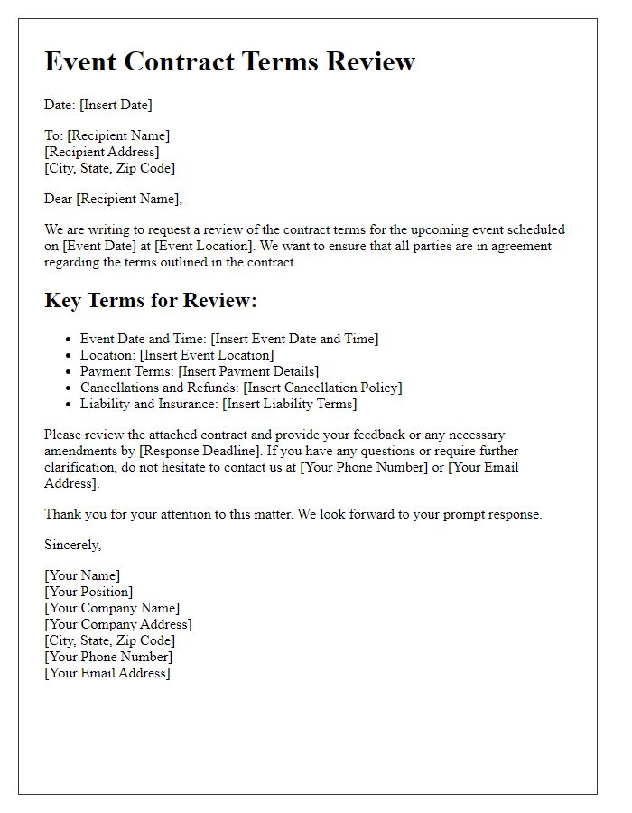 Letter template of event contract terms review