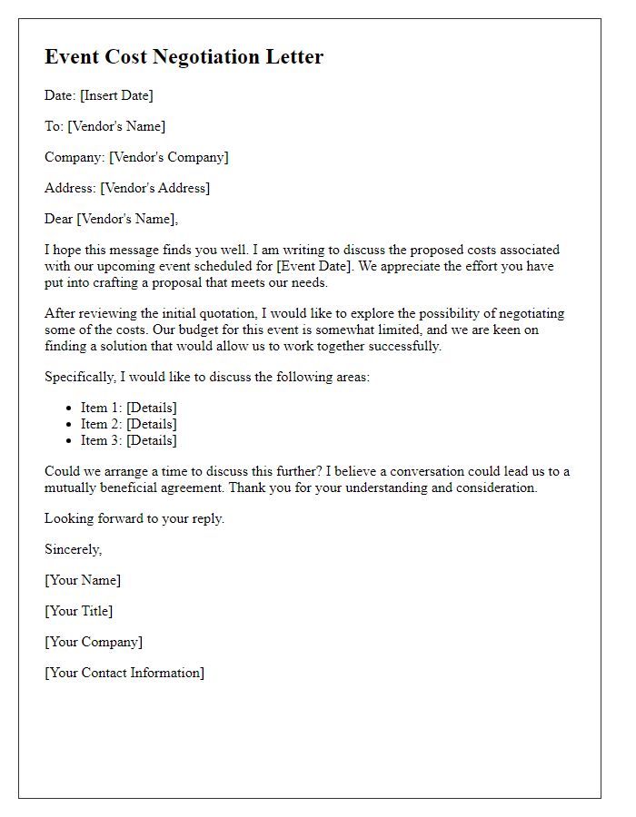 Letter template of event cost negotiation