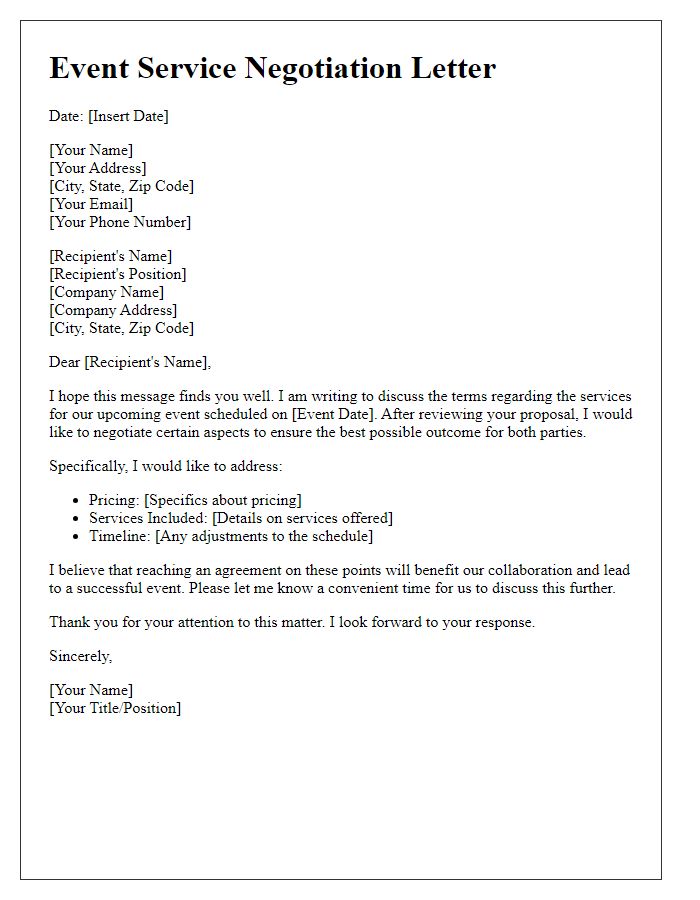 Letter template of event service negotiation