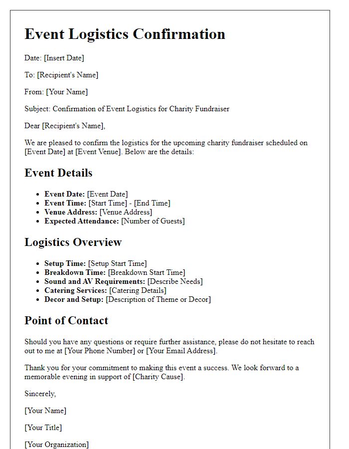 Letter template of event logistics confirmation for a charity fundraiser.