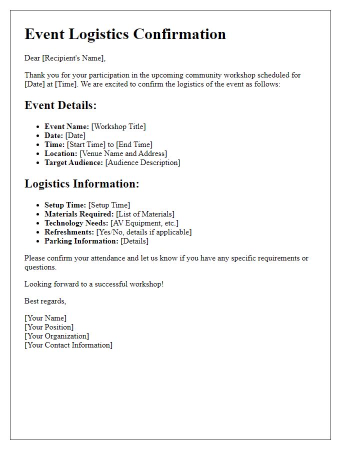 Letter template of event logistics confirmation for a community workshop.