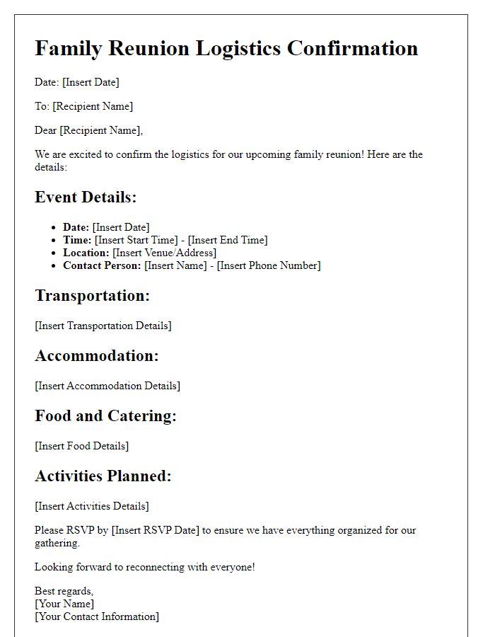 Letter template of event logistics confirmation for a family reunion.