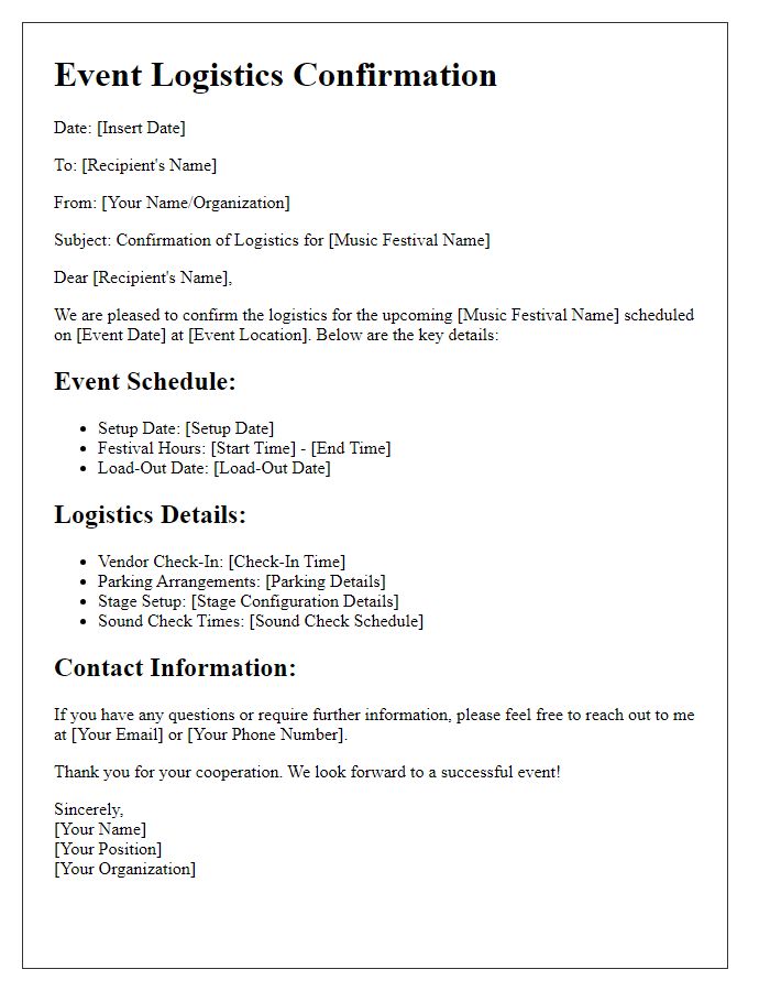 Letter template of event logistics confirmation for a music festival.