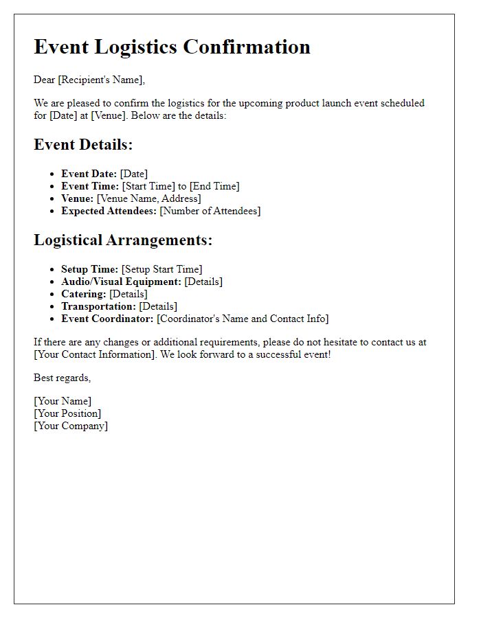 Letter template of event logistics confirmation for a product launch event.