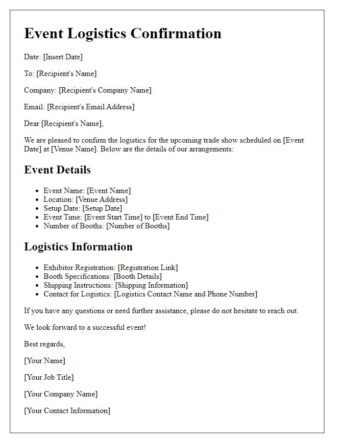 Letter template of event logistics confirmation for a trade show.