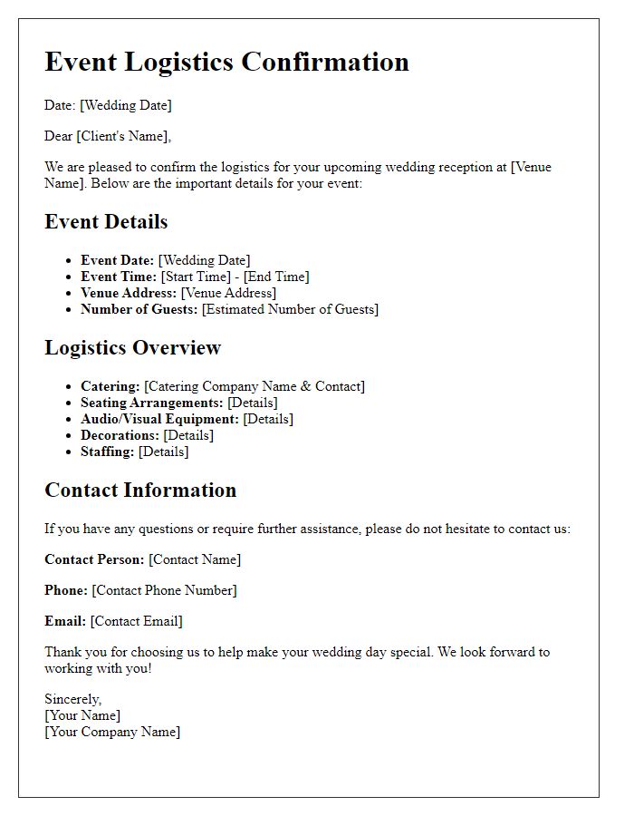 Letter template of event logistics confirmation for a wedding reception.