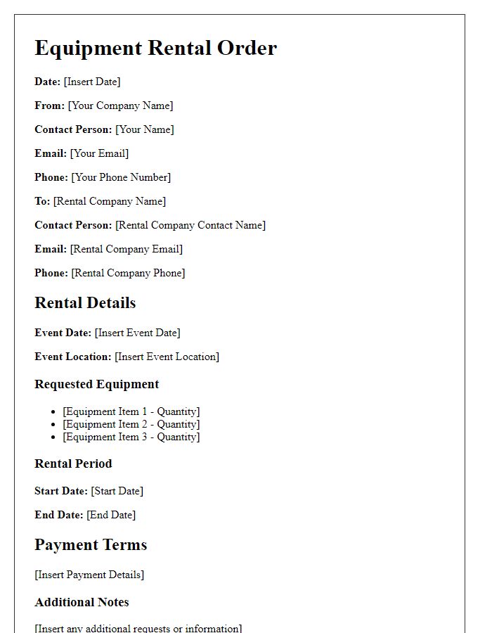 Letter template of order for equipment rentals for corporate event