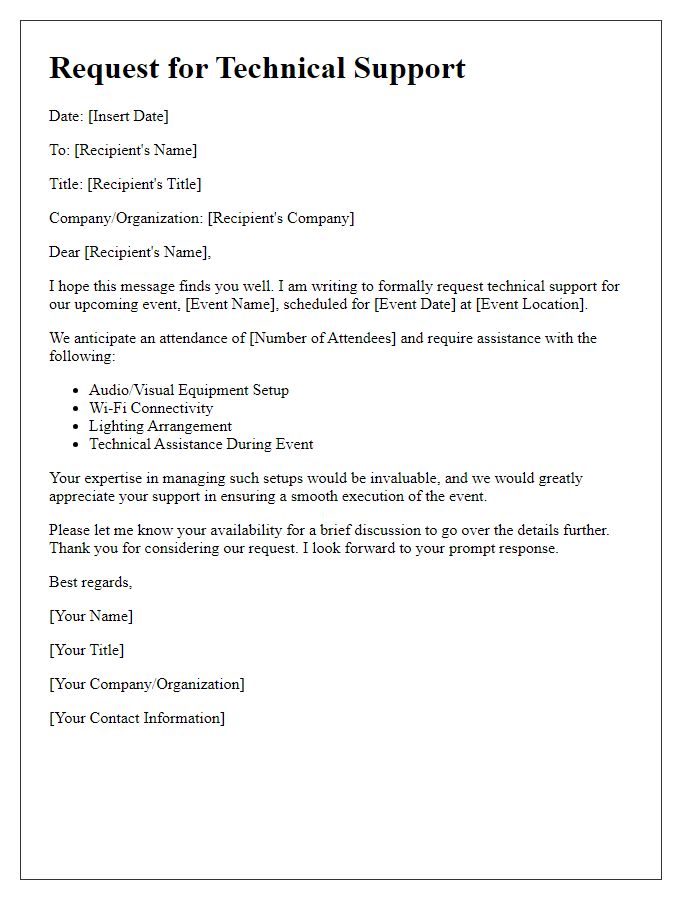 Letter template of request for technical support for event setup