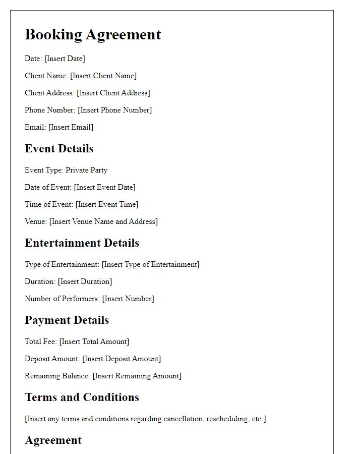 Letter template of booking agreement for private party entertainment